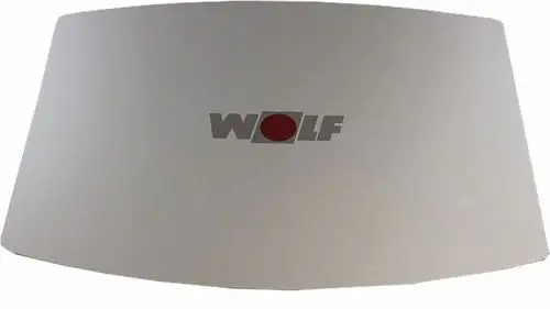 Aluminiumschiene mit dem Logo von Wolf, flach und rechteckig gestaltet, möglicherweise als Blende oder Abdeckung für ein Gerät genutzt.